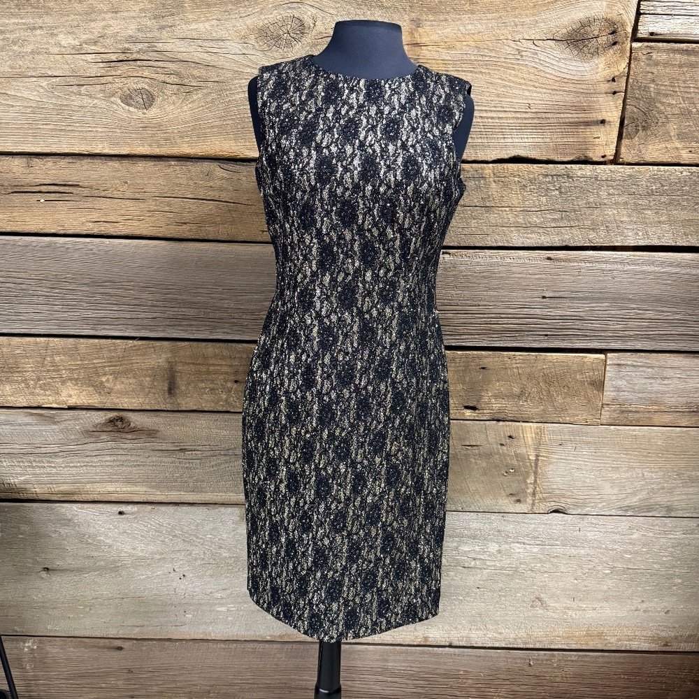 NWT Tahari Arthur S Levine Sleeveless black lace and gold shimmer dress, size 10